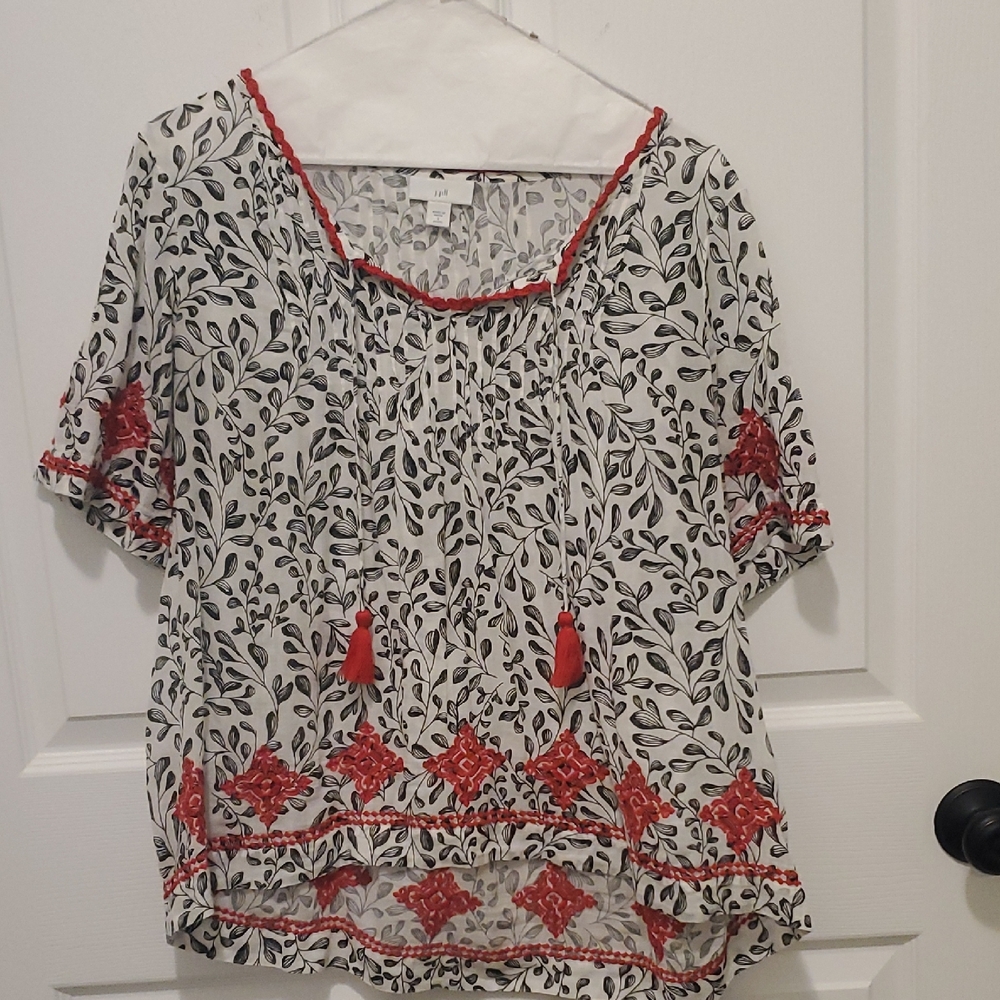 J. Jill Red and Black Leaf Print Blouse